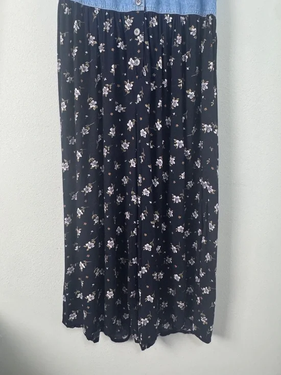 True Blue Vintage Denim Floral Wide Leg Jumpsuit Size L 90s Y2K Boho Cottagecore - Picture 4 of 11